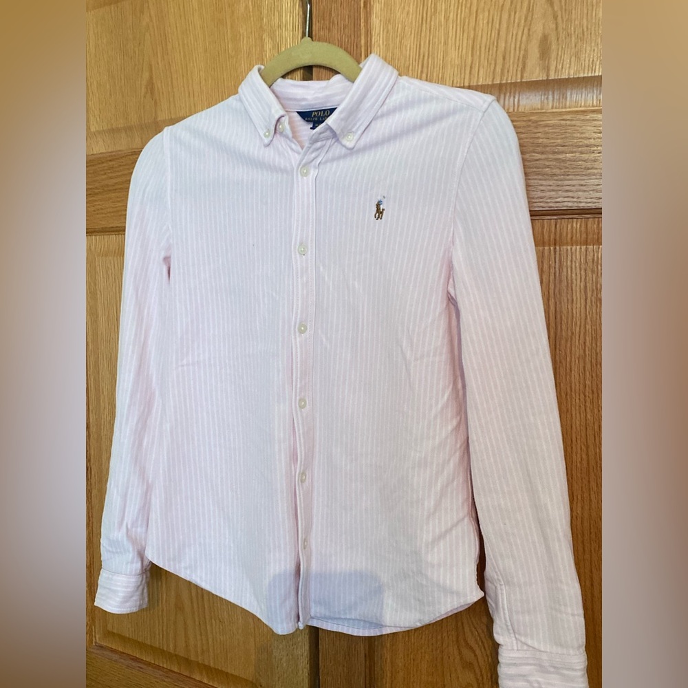 Ralph Lauren Polo Petite Women, Girl Light Pink Striped Button Down Long Sleeve